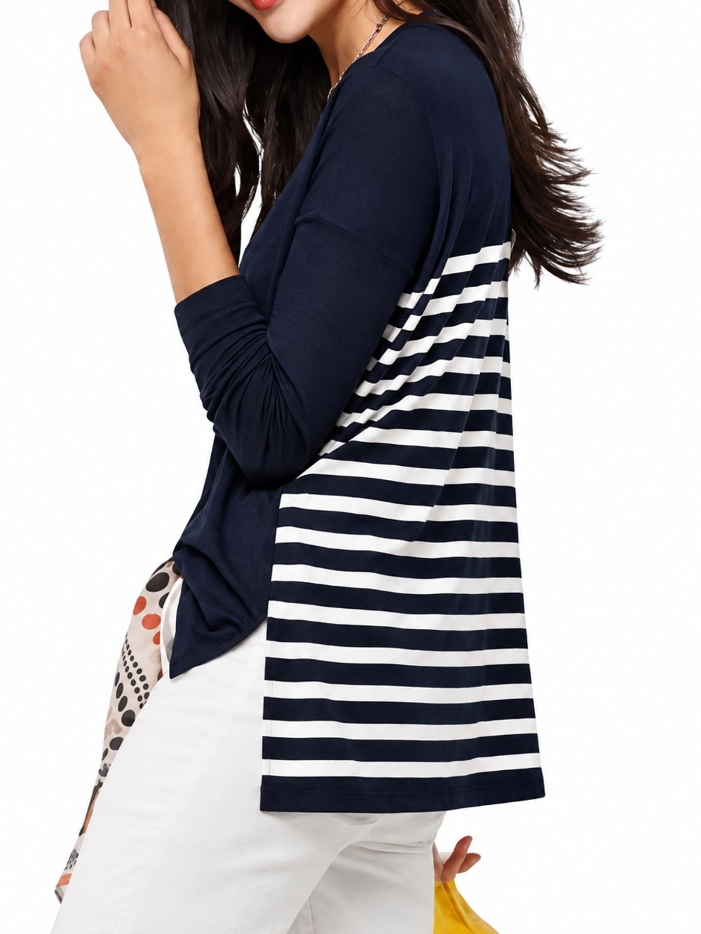 Cabi 5742 Womens XXS Navy Blue White Stripe Back Long Sleeve V Neck Top